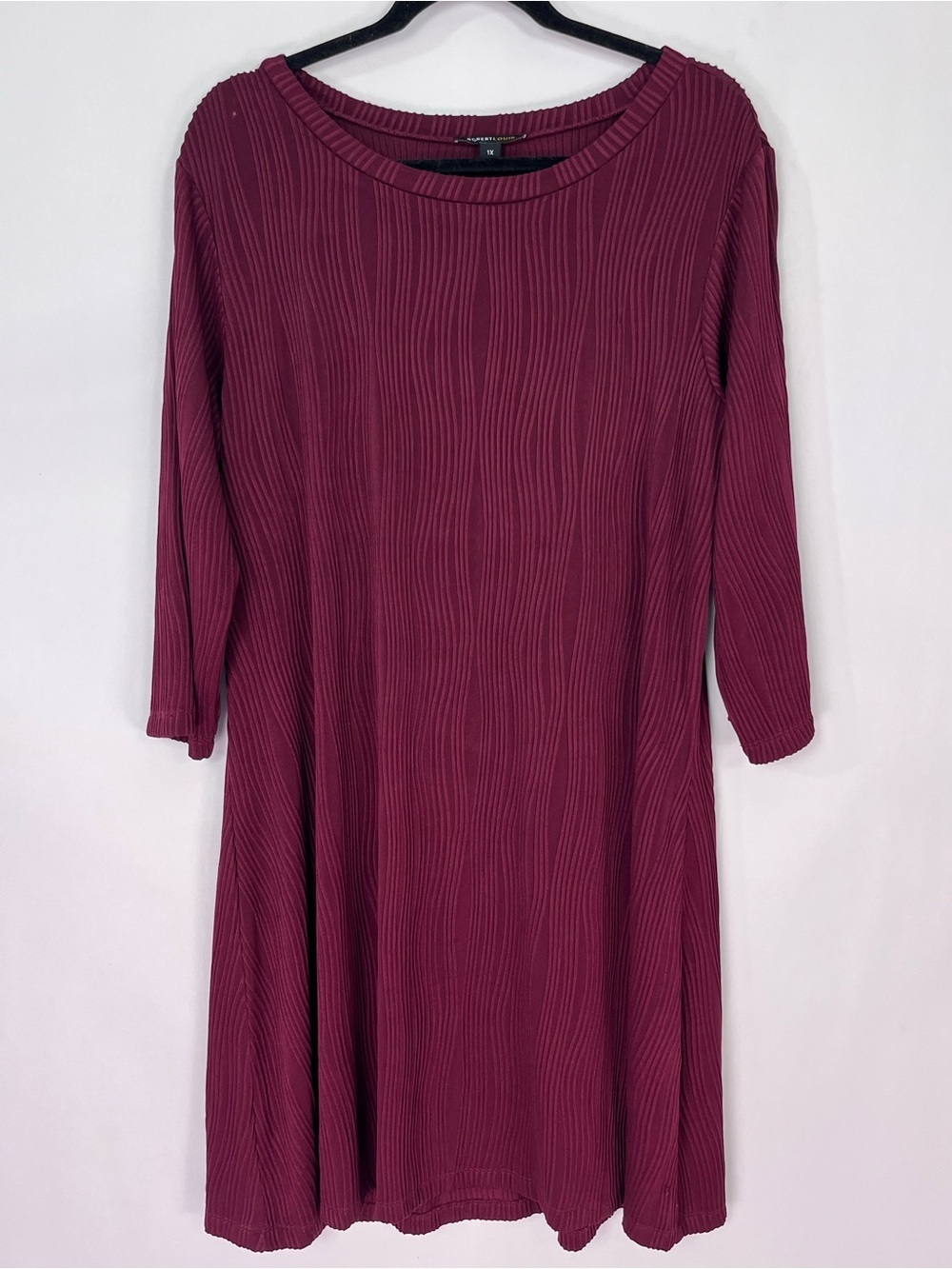 Robert Louis Red Purple Wine Burgundy Ribbed 3/4 Sleeve Shift Dress Sz 1X